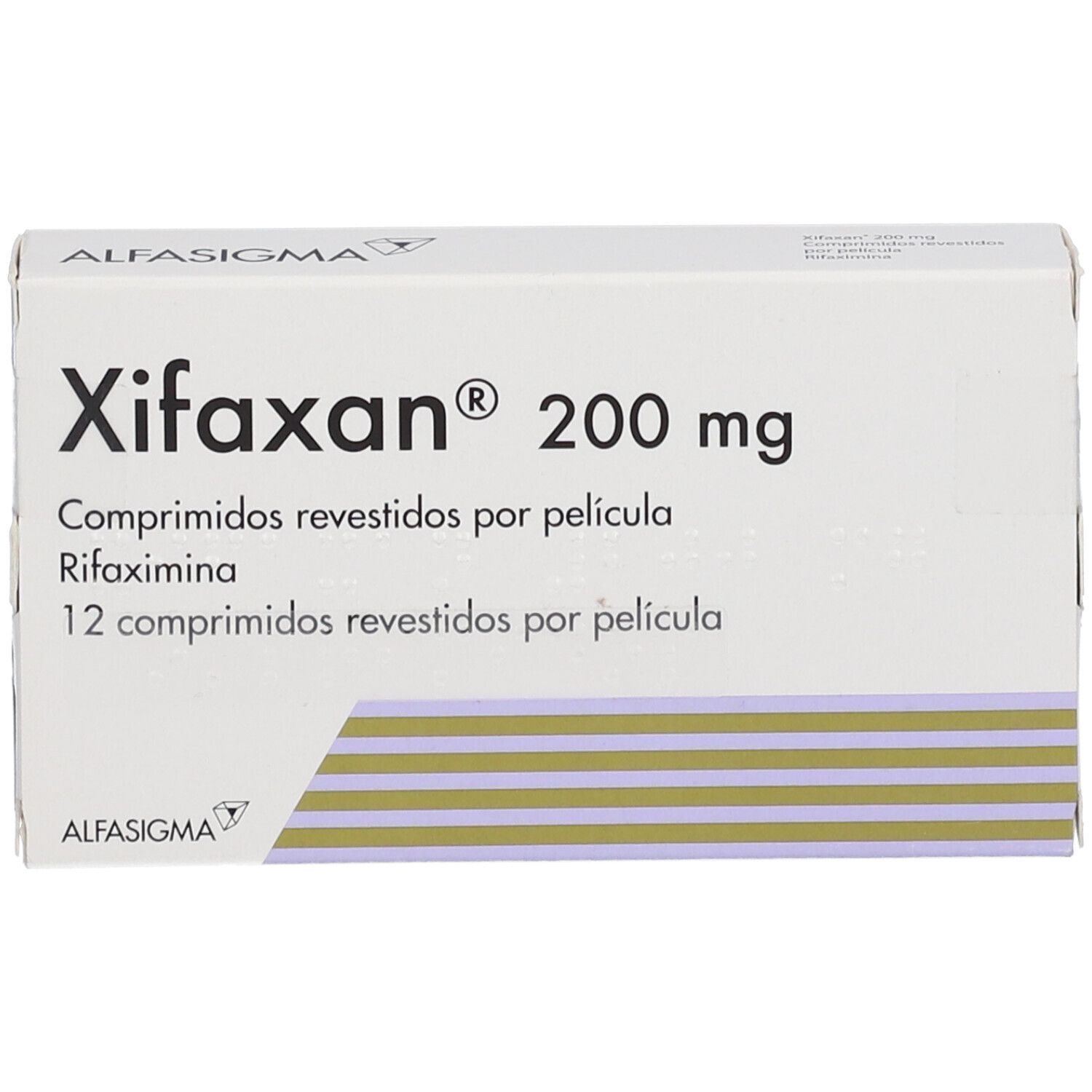 XIFAXAN 200 mg Schachtel. Weiße Verpackung mit Produktnamen und Dosierung. 12 Tabletten.