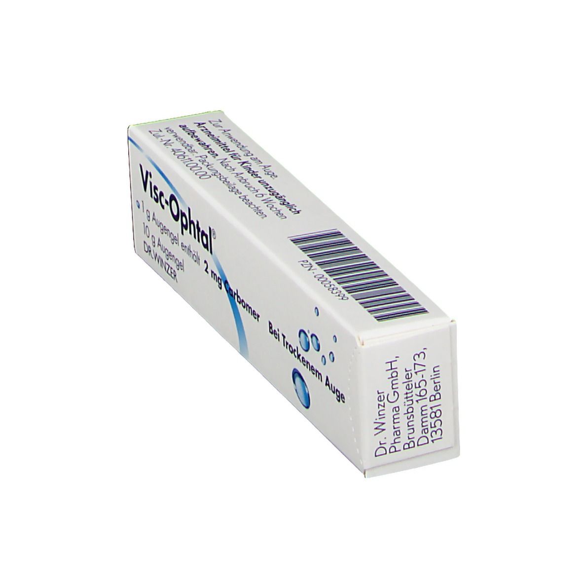Schräg stehende weiße Faltschachtel mit Visc-Ophtal®-Aufdruck. Enthält 1 g Augengel, 2 mg Carbomer. Text: Bei Trockenem Auge.