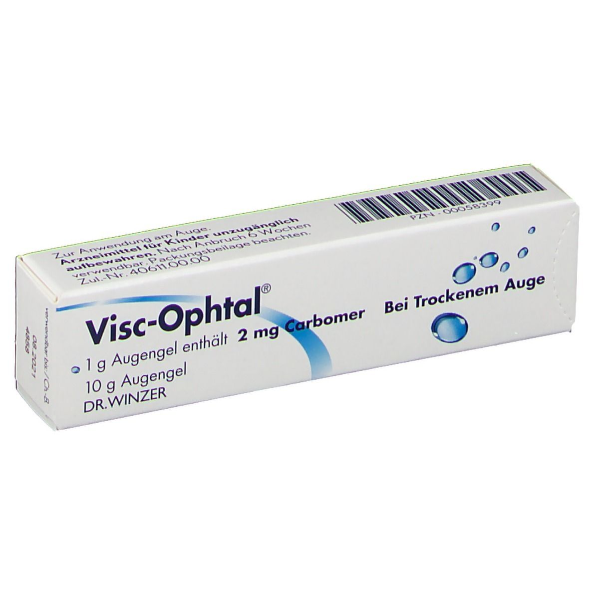 Weiße Faltschachtel mit Visc-Ophtal®-Aufdruck. Enthält 1 g Augengel, 2 mg Carbomer. Text: Bei Trockenem Auge.