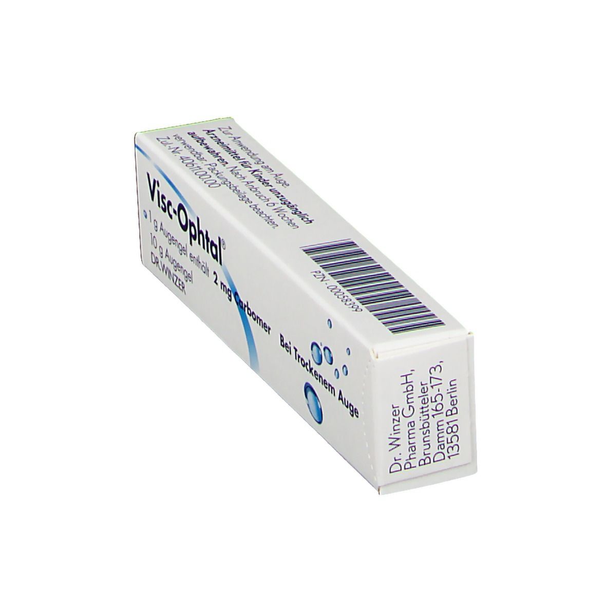 Schräg stehende weiße Faltschachtel mit Visc-Ophtal®-Aufdruck. Enthält 1 g Augengel, 2 mg Carbomer. Text: Bei Trockenem Auge.