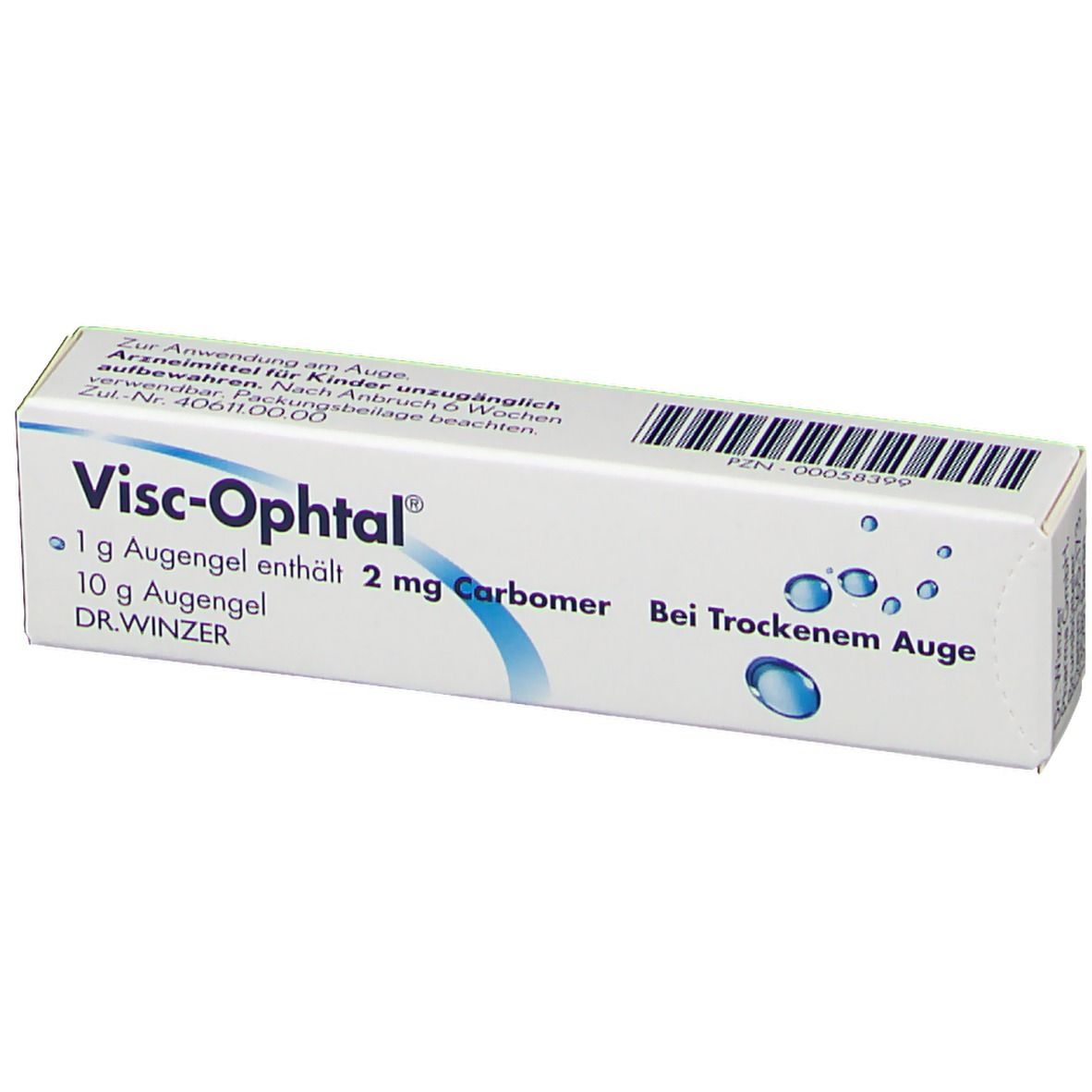 Weiße Faltschachtel mit Visc-Ophtal®-Aufdruck. Enthält 1 g Augengel, 2 mg Carbomer. Text: Bei Trockenem Auge.