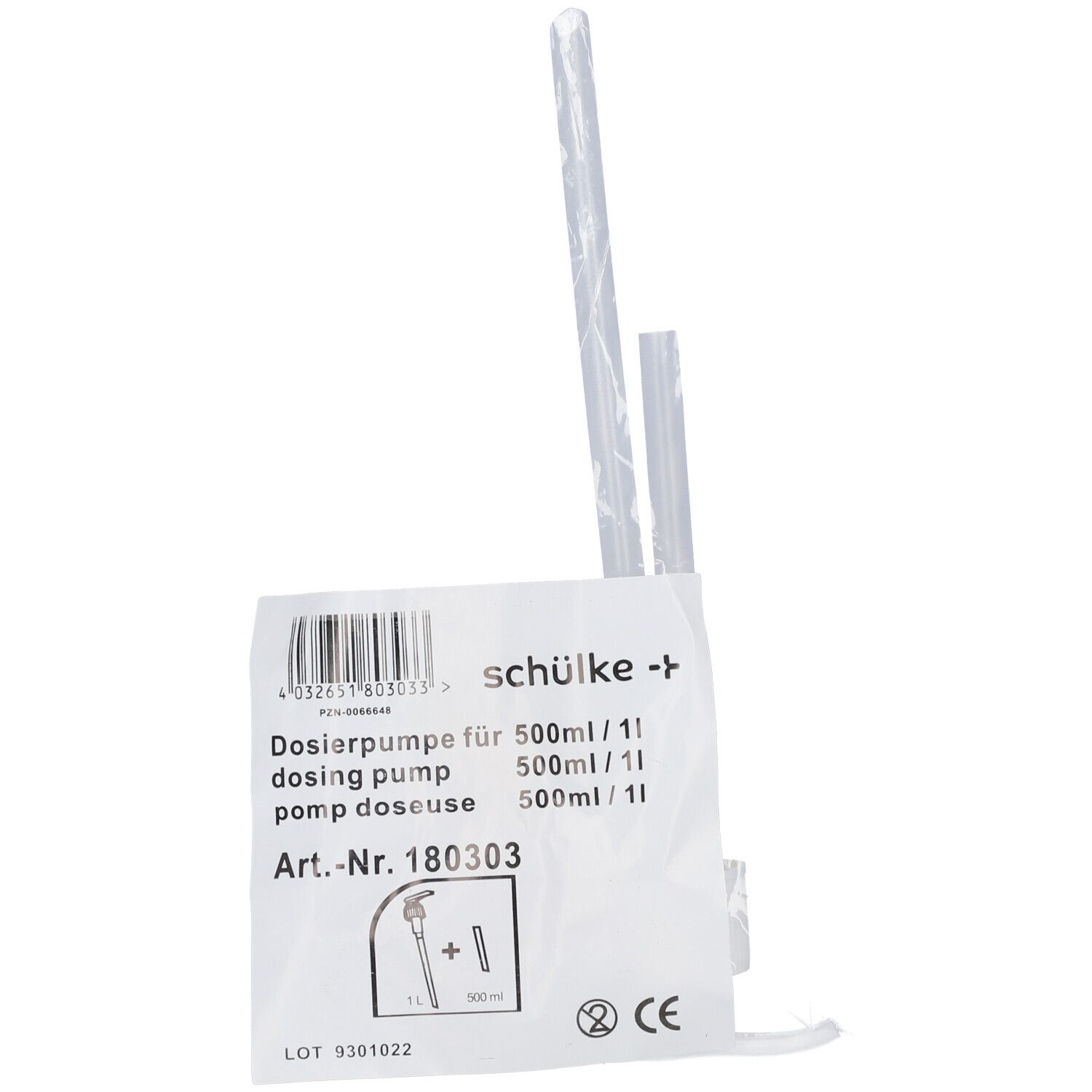Verpackung mit Dosierpumpe und Steigrohren. Text mit Produktname, Marke Schülke und Art.-Nr. 180303.
