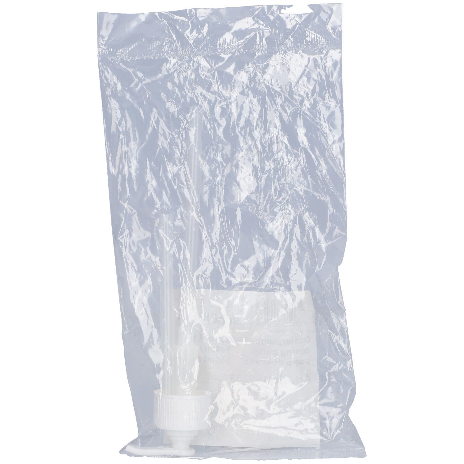 Dosierpumpe in transparenter Plastikverpackung. Pumpe und Steigrohr sichtbar. Weißer Pumpenkopf.