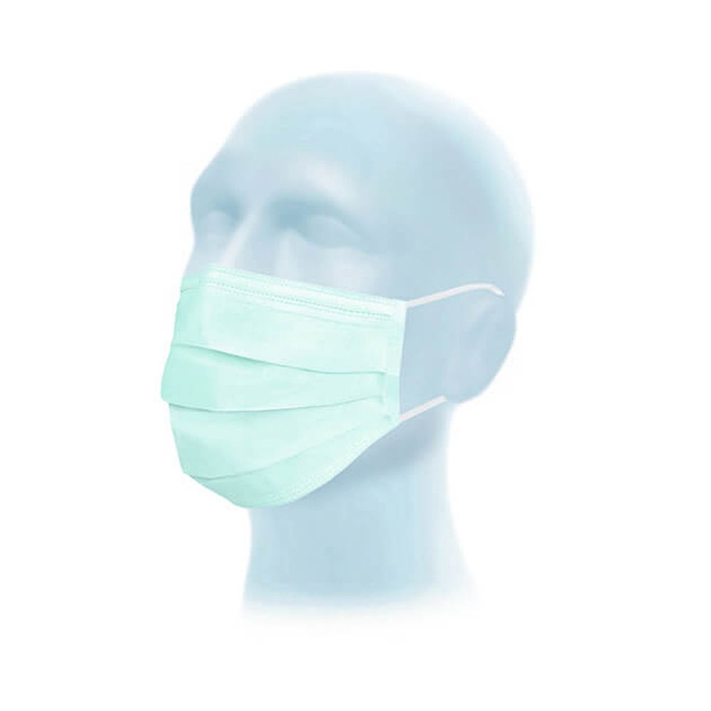 Hellgrüne OP-Maske auf einem blauen Kopfmodell. Maske mit Falten und Ohrschlaufen.