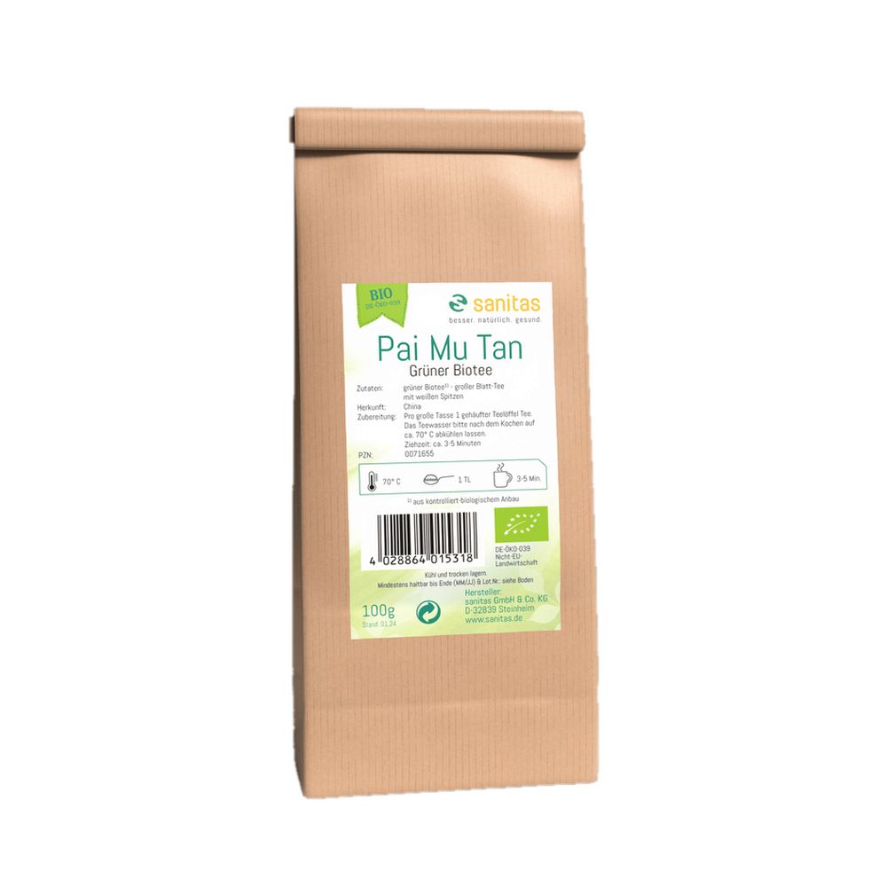 Braune Papiertüte mit Etikett: Pai Mu Tan Grüner Biotee, 100g.