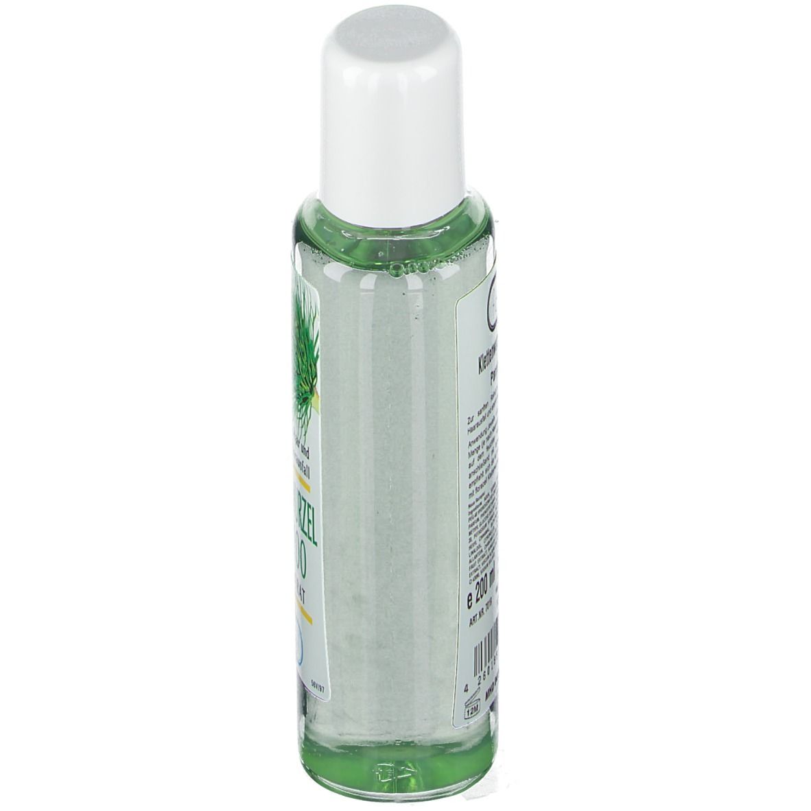 Klettenwurzel Shampoo Flasche, Seitenansicht. Grünliche Flüssigkeit, weißer Deckel. Text auf Etikett.