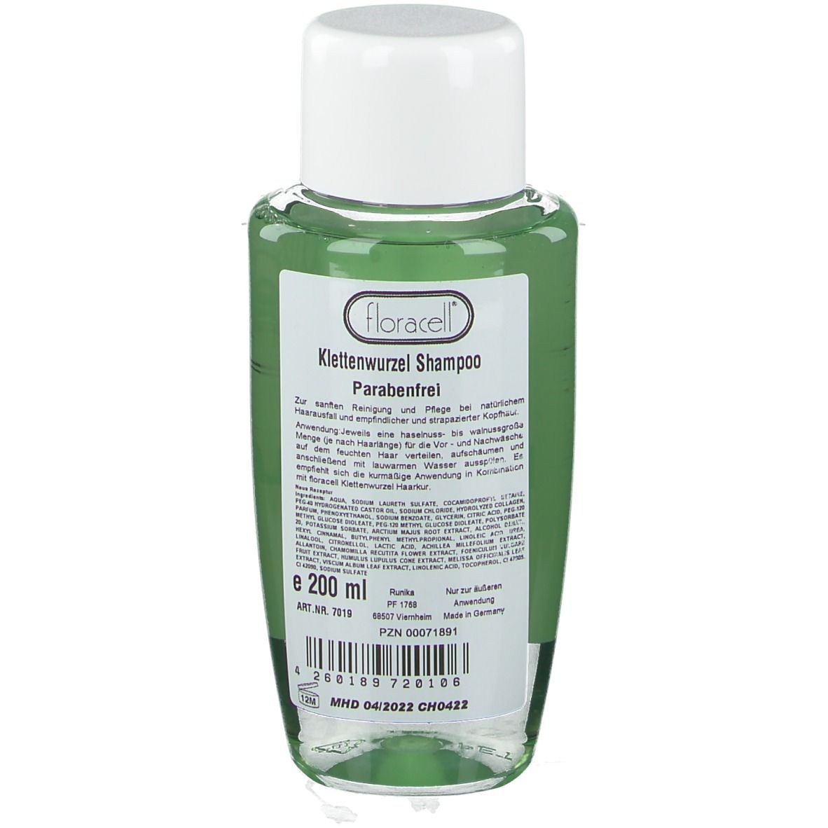 Klettenwurzel Shampoo Flasche. Rückseite mit Text und Inhaltsangaben. Weißer Deckel, grüne Flüssigkeit.