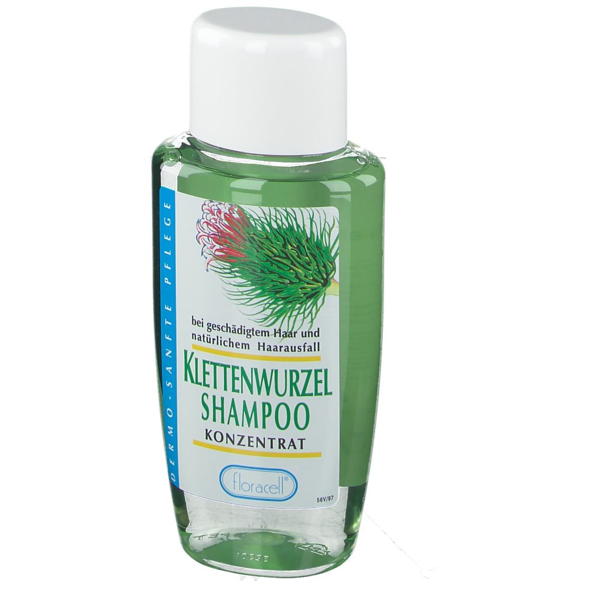 Klettenwurzel Shampoo Konzentrat Flasche. Grünliche Flüssigkeit, weißer Deckel. Text: bei geschädigtem Haar und Haarausfall.