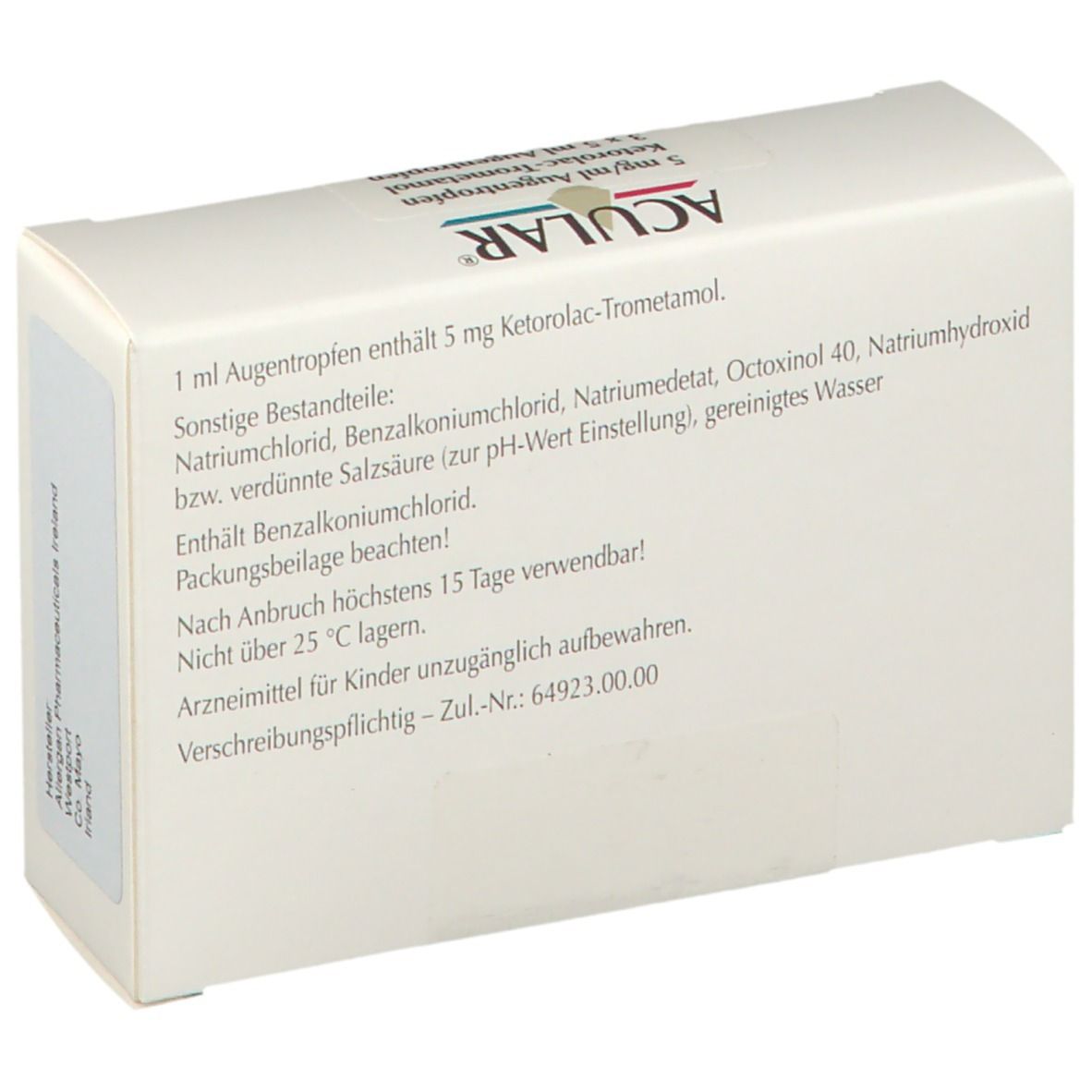 Rückseite der Acular-Verpackung. Enthält Informationen zu Inhaltsstoffen und Anwendung. Text in deutscher Sprache.