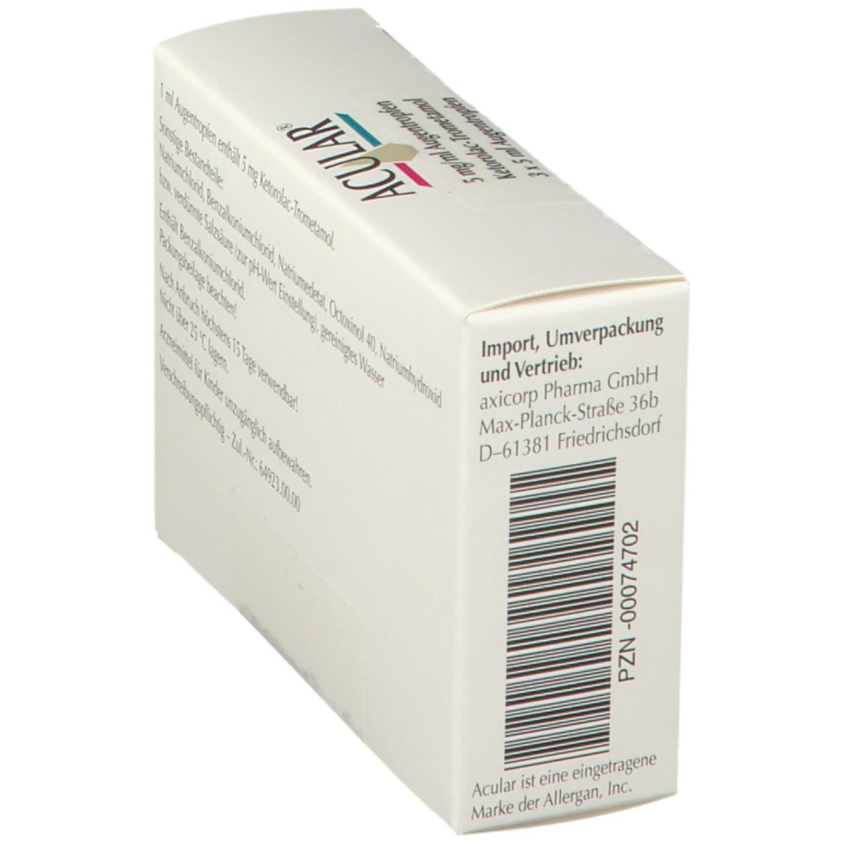 Acular-Verpackung, schräg. Rückseite mit Import- und Vertriebsinformationen. Barcode.