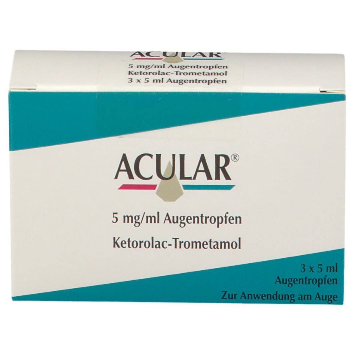 Acular-Verpackung. Weißer Karton mit blauem Streifen. Aufschrift: Acular, 5 mg/ml Augentropfen, 3 x 5 ml.