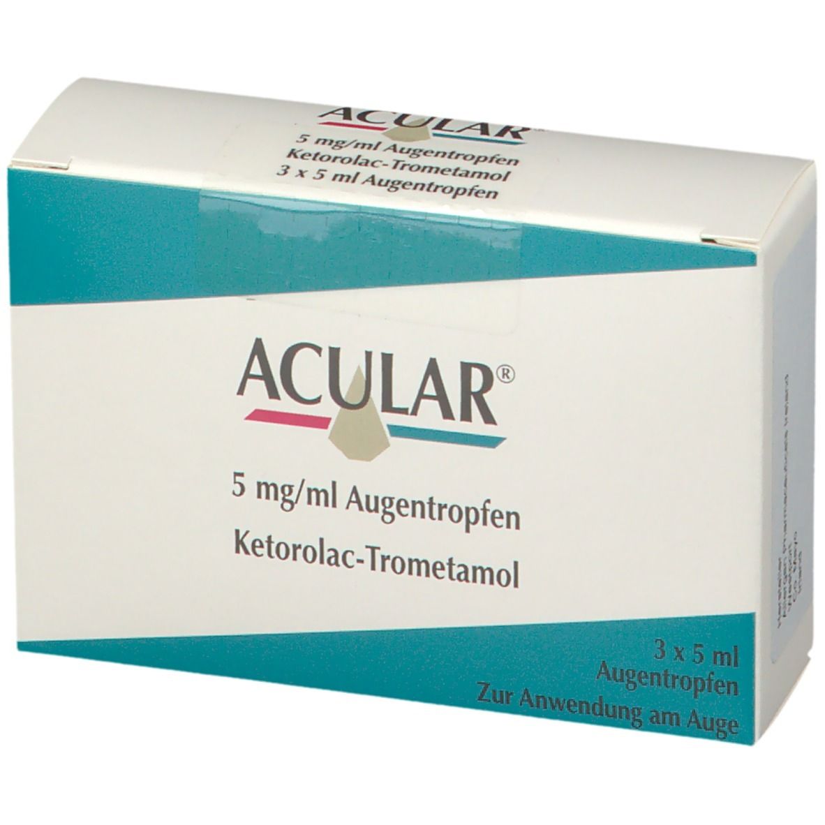 Acular-Verpackung. Weißer Karton mit blauem Streifen. Aufschrift: Acular, 5 mg/ml Augentropfen, 3 x 5 ml.