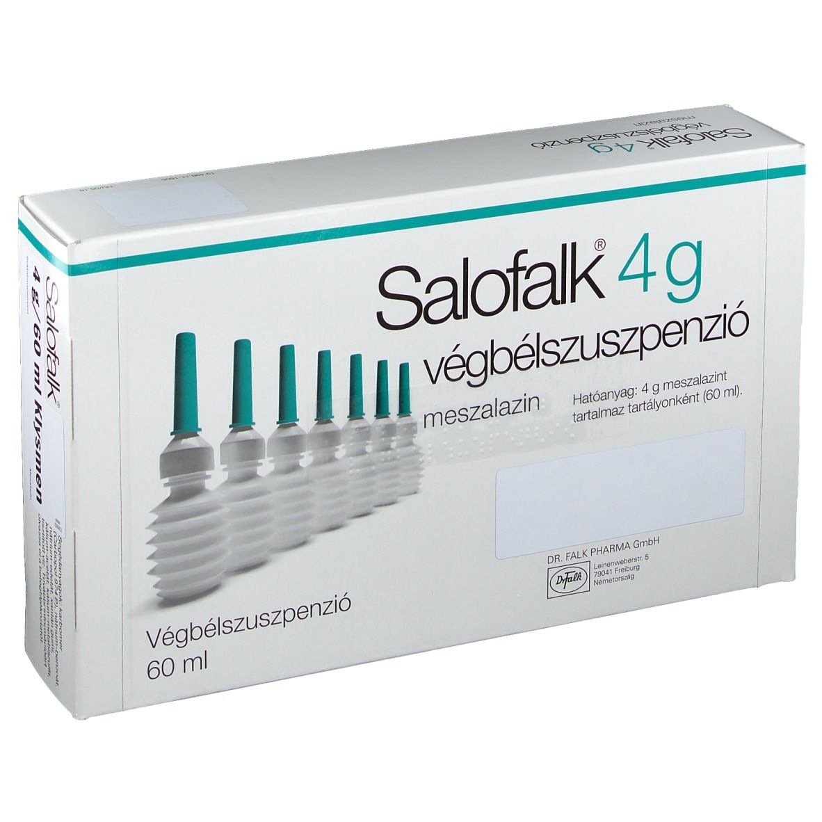 Schachtel mit Salofalk 4g Klysmen. Enthält mehrere Flaschen mit grünen Spitzen. Aufschrift: Salofalk 4g, végbél szuszpenzió.