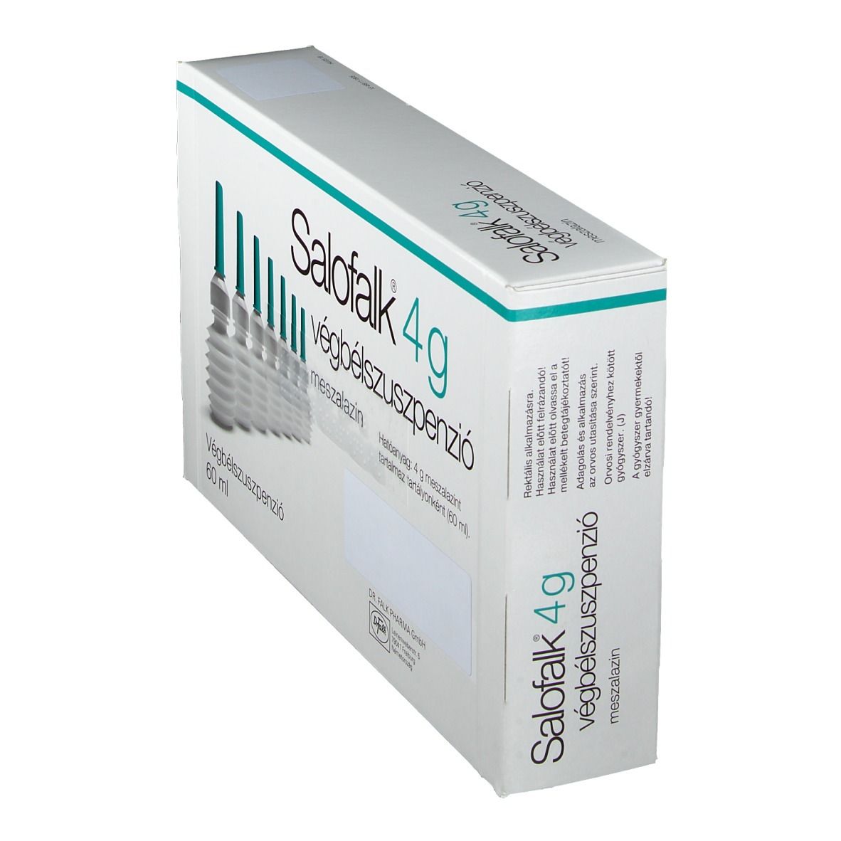Schachtel Salofalk 4g Klysmen, schräg. Aufschrift: Salofalk 4g, végbél szuszpenzió. Mehrere Flaschen mit grünen Spitzen sind sichtbar.