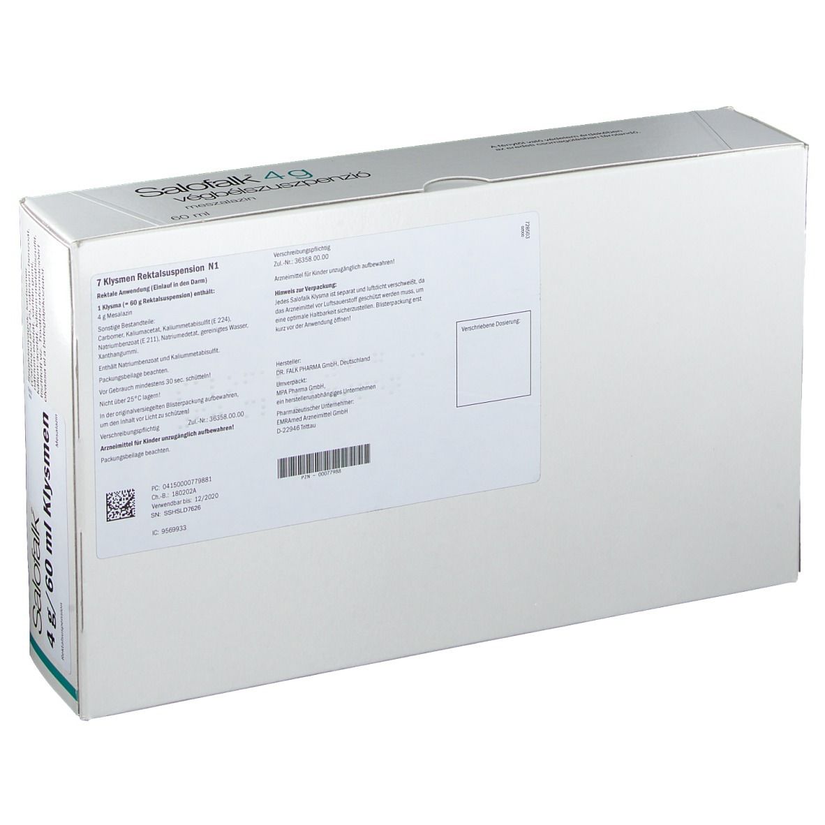 Rückseite einer weißen Schachtel mit Text. Aufschrift: Salofalk 4g Klysmen. Enthält Informationen und Logos.