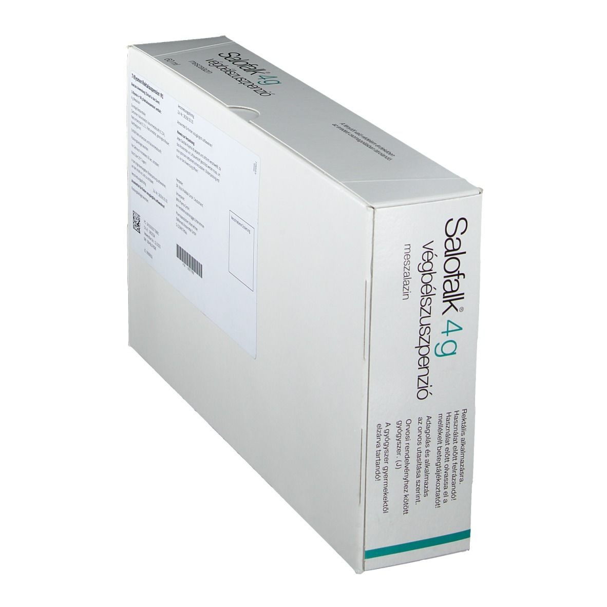 Schachtel Salofalk 4g Klysmen, schräg. Aufschrift: Salofalk 4g, végbél szuszpenzió. Text und Logos.