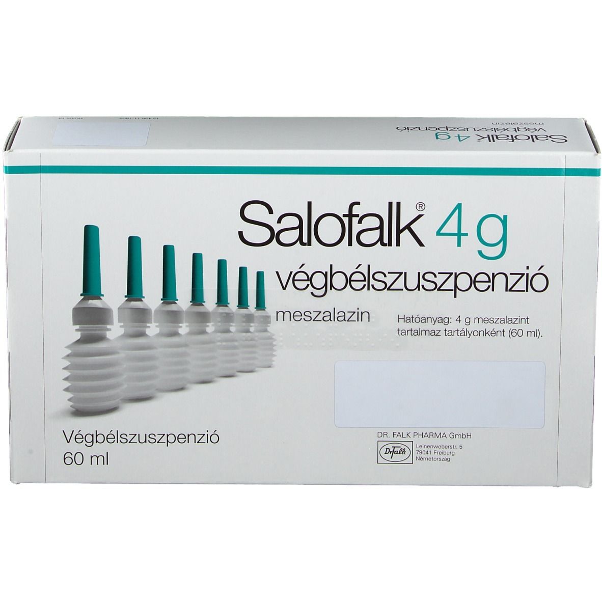 Schachtel mit Salofalk 4g Klysmen. Enthält mehrere Flaschen mit grünen Spitzen. Aufschrift: Salofalk 4g, végbél szuszpenzió.