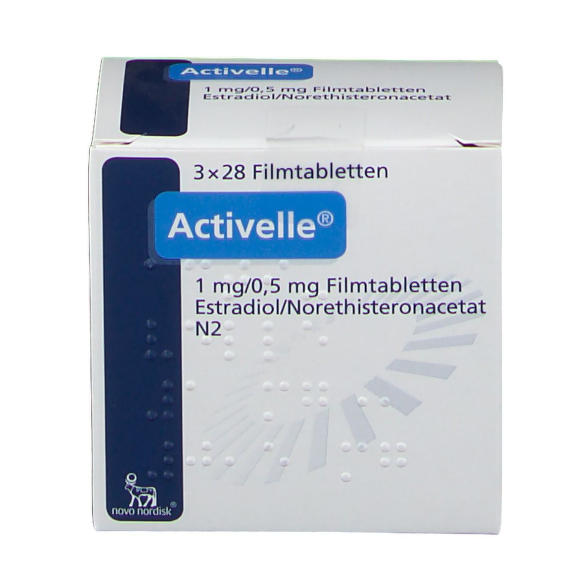Weiße Schachtel mit blauer Beschriftung. Aufschrift: Activelle, 3x28 Filmtabletten, 1 mg/0,5 mg Filmtabletten, Estradiol/Norethisteronacetat.