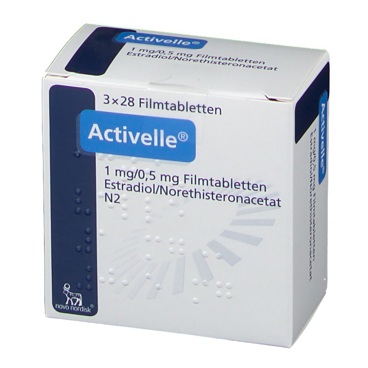 Weiße Schachtel mit blauer Beschriftung. Aufschrift: Activelle, 3x28 Filmtabletten, 1 mg/0,5 mg Filmtabletten, Estradiol/Norethisteronacetat.