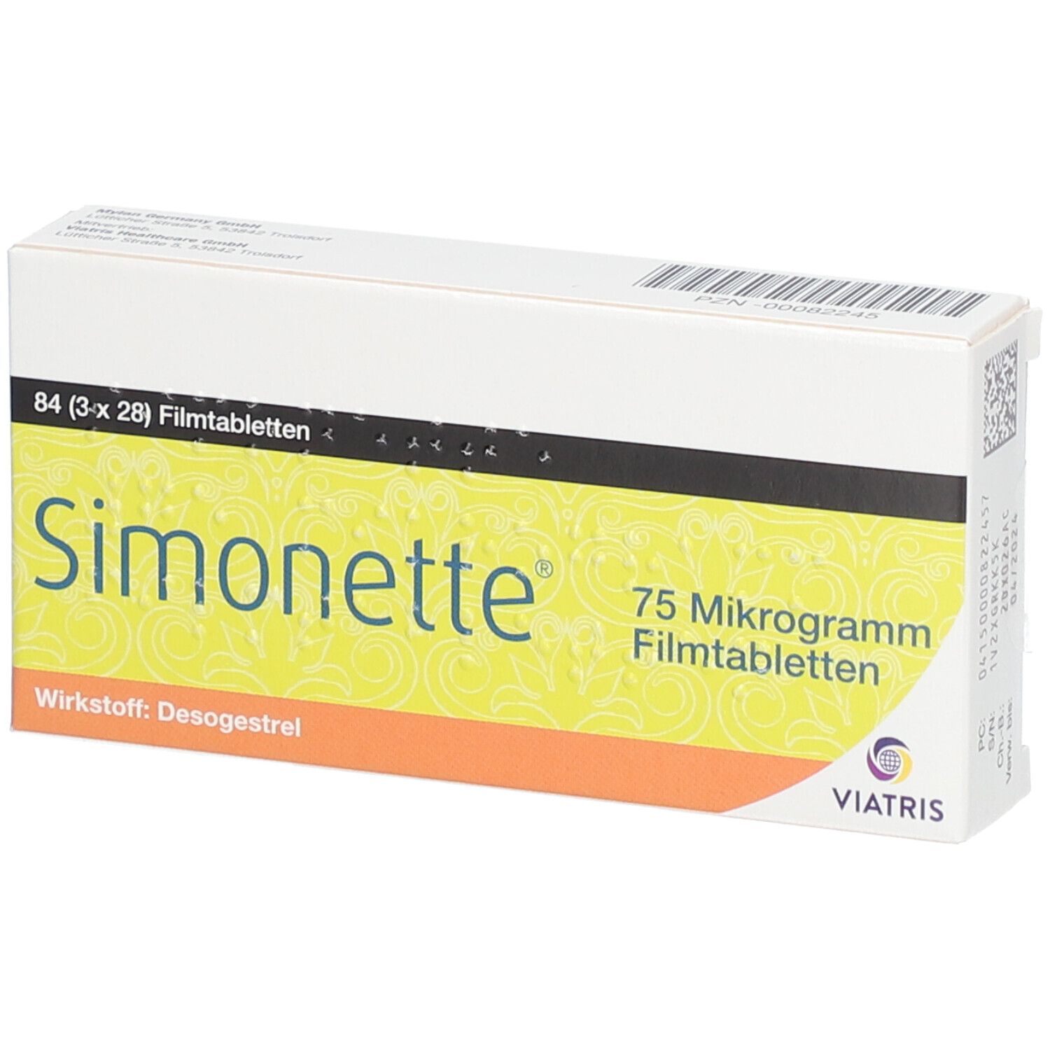 Packung SIMONETTE 75 Mikrogramm Filmtabletten. Enthält 84 Filmtabletten. Hersteller: Viatris. Gelb-orangefarbenes Design.
