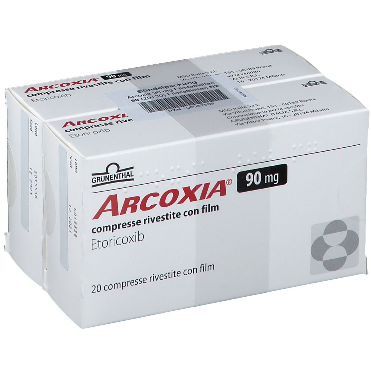 Arcoixa 90 mg, Filmtabletten-Packung. Enthält 20 Tabletten. Aufschrift: Arcoixa, 90 mg, comprimé rivestite con film, Etoricoxib.