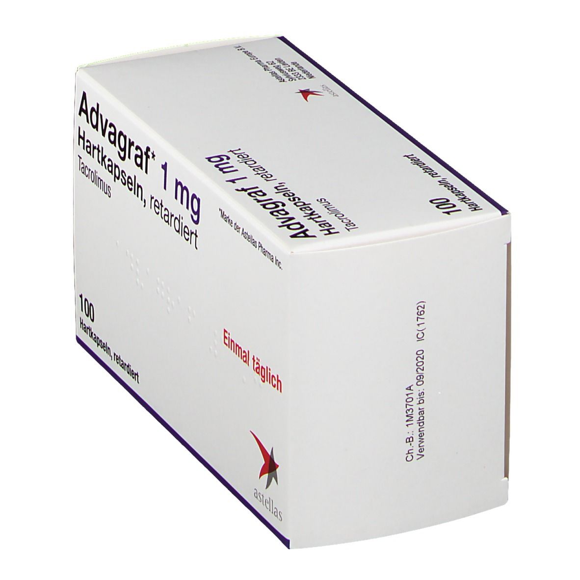 Advagraf 1 mg Hartkapseln, retardiert. Weiße Schachtel mit rotem Stern-Logo. 100 Kapseln. Text: Einmal täglich.