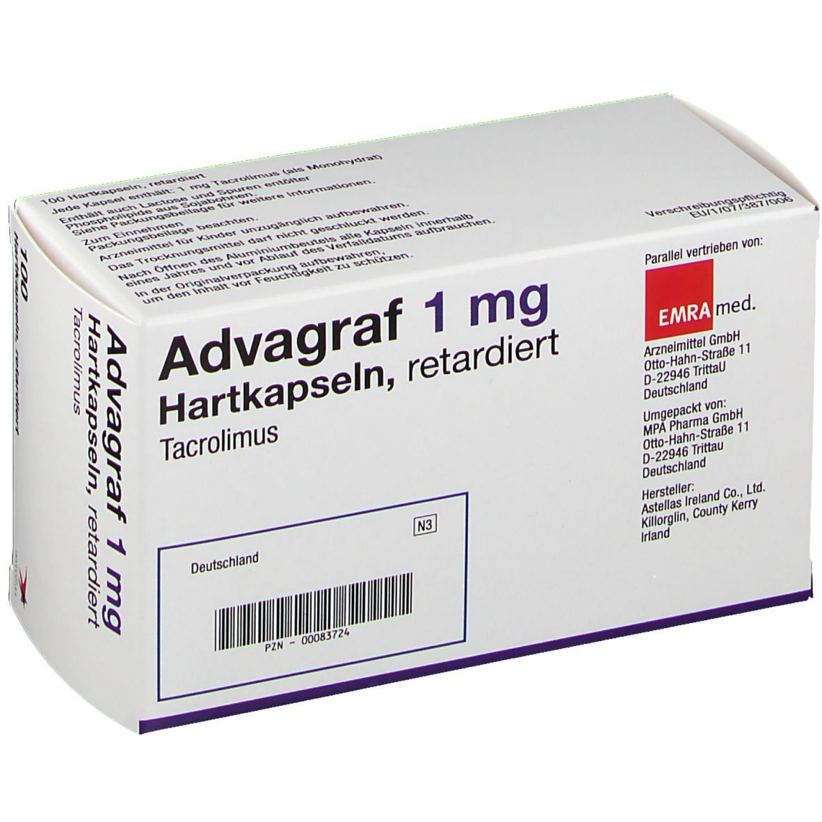 Advagraf 1 mg Hartkapseln, retardiert. Weiße Schachtel mit rotem Stern-Logo. 100 Kapseln. Text: Einmal täglich.