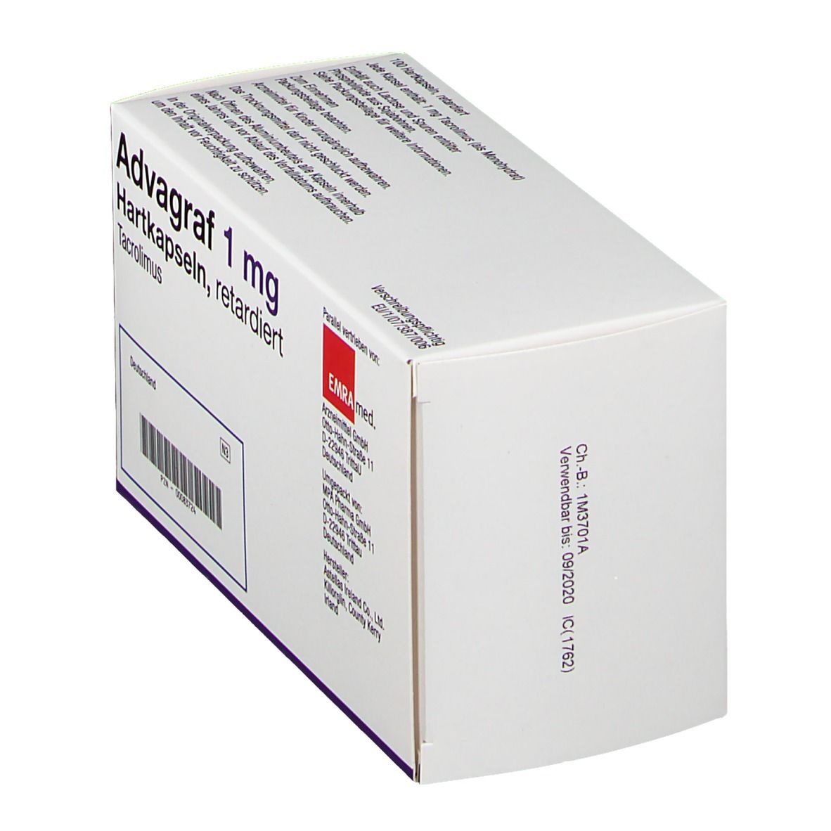 Advagraf 1 mg Hartkapseln, retardiert. Weiße Schachtel mit rotem Stern-Logo. 100 Kapseln. Text: Einmal täglich.