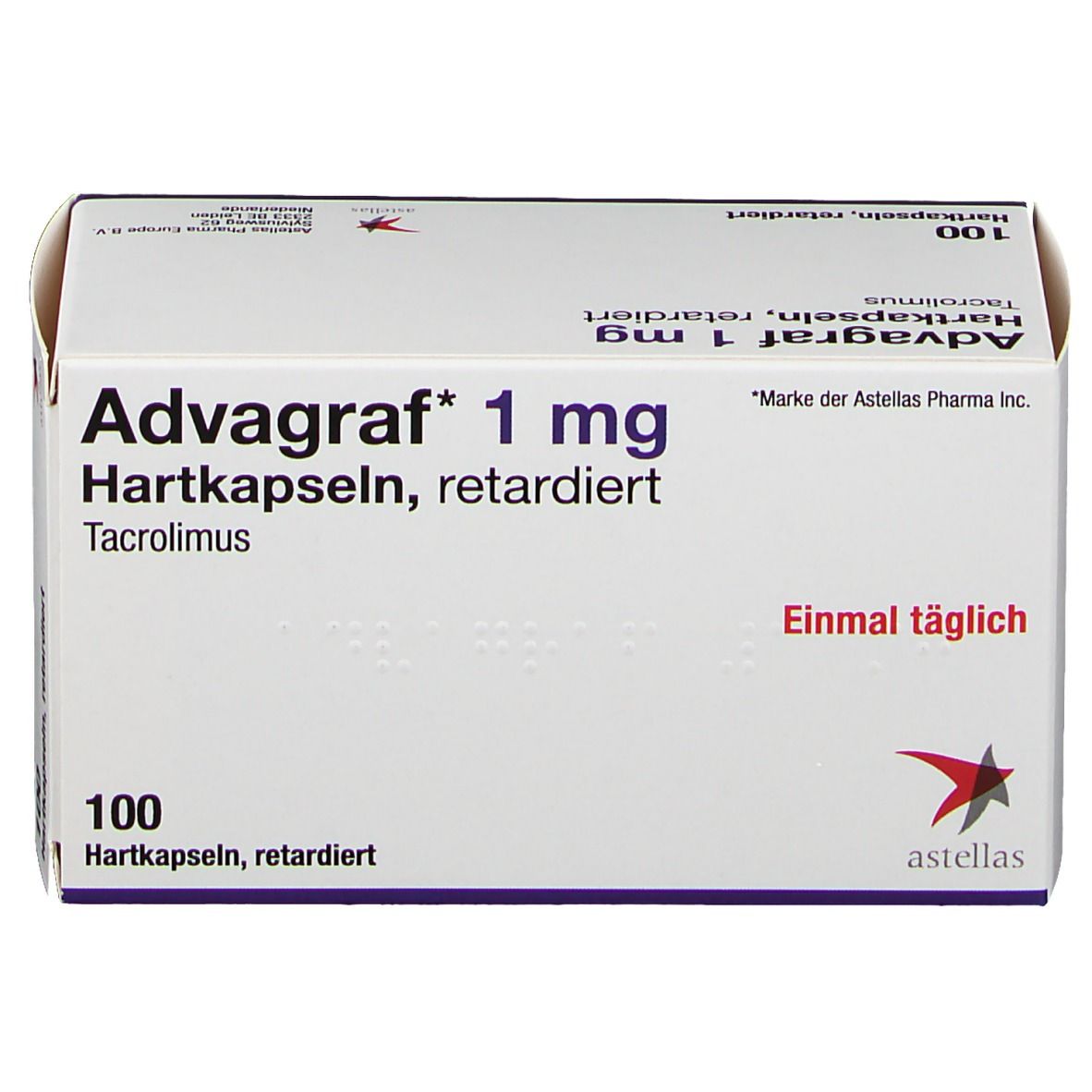 Advagraf 1 mg Hartkapseln, retardiert. Weiße Schachtel mit rotem Stern-Logo. 100 Kapseln. Text: Einmal täglich.