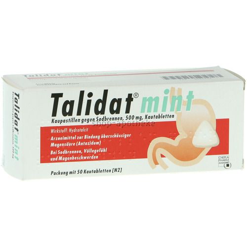 Schachtel mit Talidat mint. Aufschrift: Kautabletten gegen Sodbrennen. Abbildung eines Magens. Packung mit 50 Tabletten.