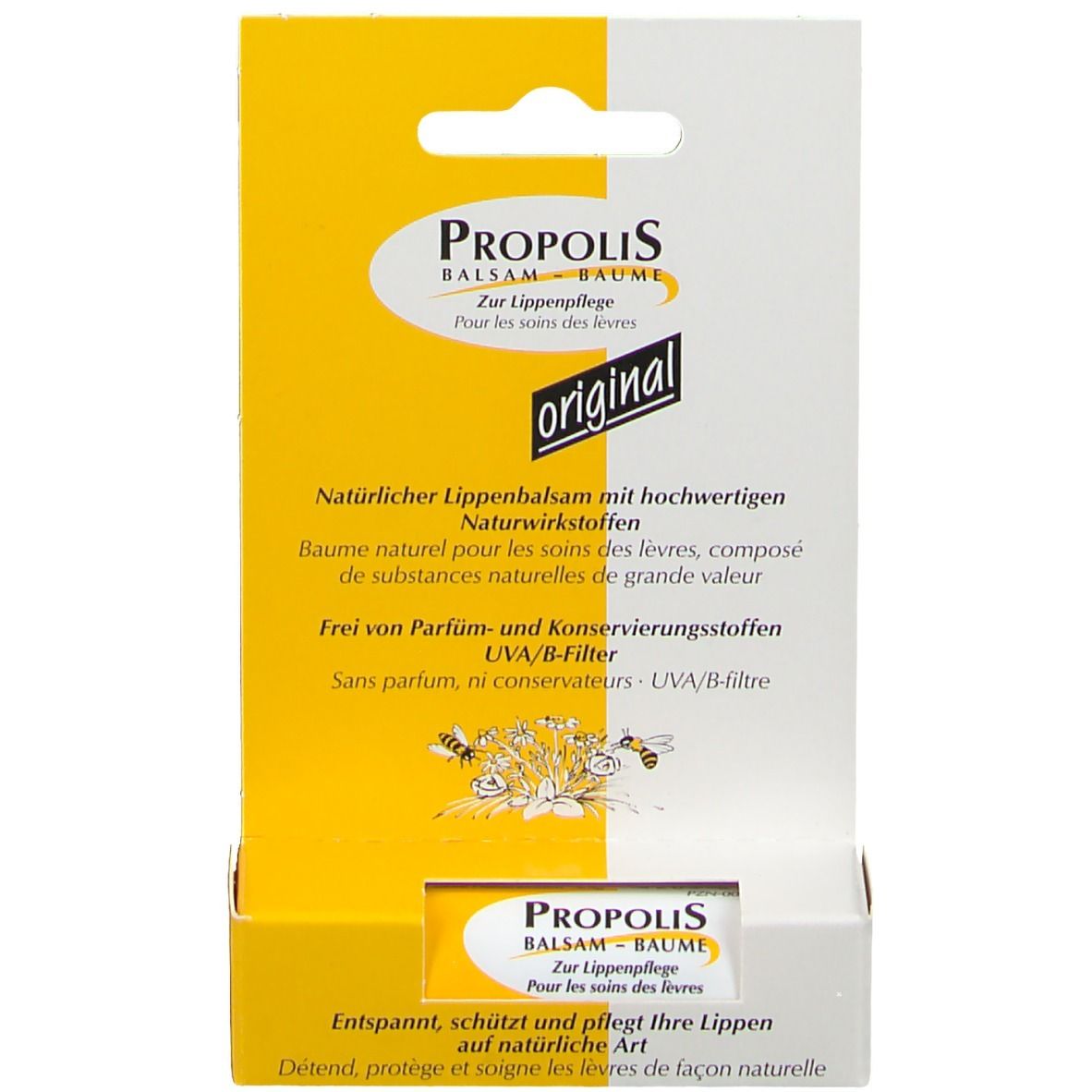 Propolis Balsam Verpackung. Gelb-weiße Schachtel mit Produktinformationen und dem Wort "original".