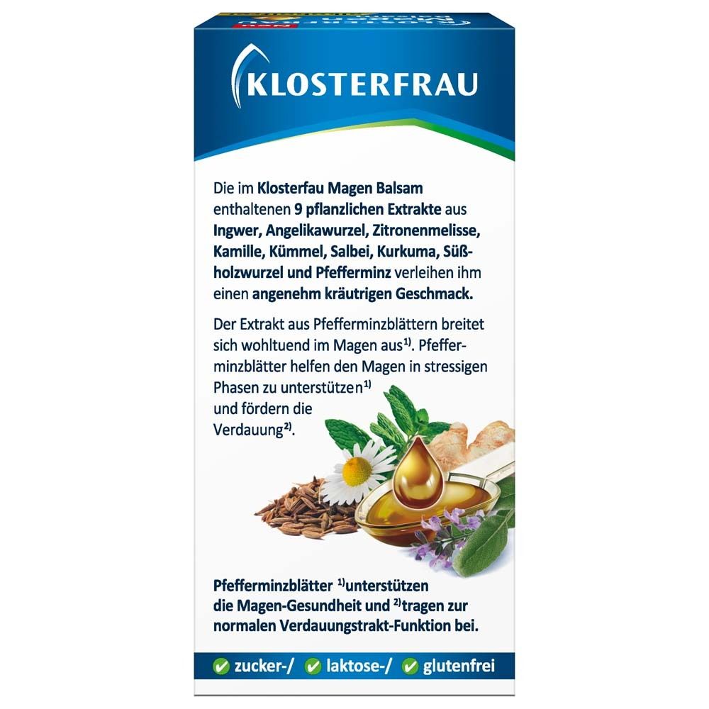 Rückseite der Schachtel KLOSTERFRAU Magen Balsam. Text über Inhaltsstoffe und Wirkung. Abbildungen von Kräutern.