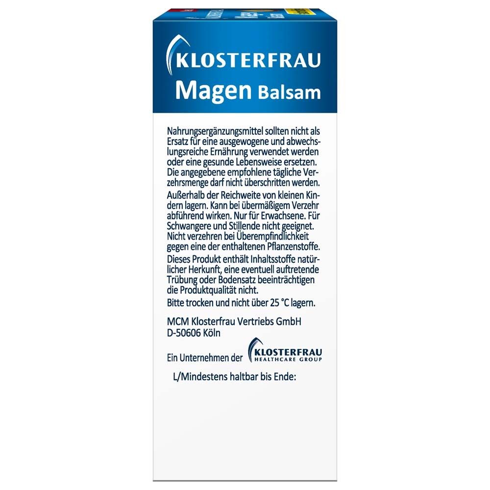 Seite der Schachtel KLOSTERFRAU Magen Balsam. Text über Warnhinweise und Lagerung. Herkunftsangabe.