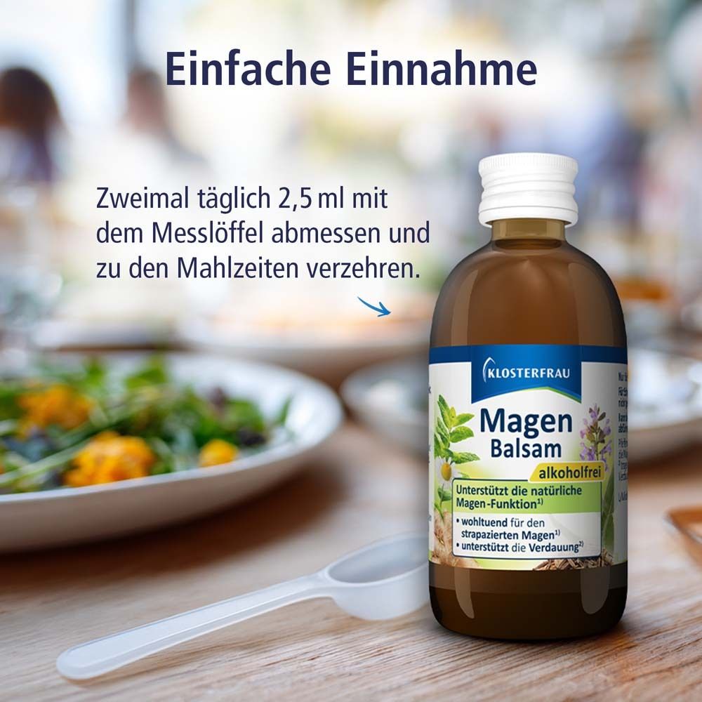KLOSTERFRAU Magen Balsam Flasche und Messlöffel. Einnahme: 2,5 ml zweimal täglich zu den Mahlzeiten. Hintergrund: Essen.