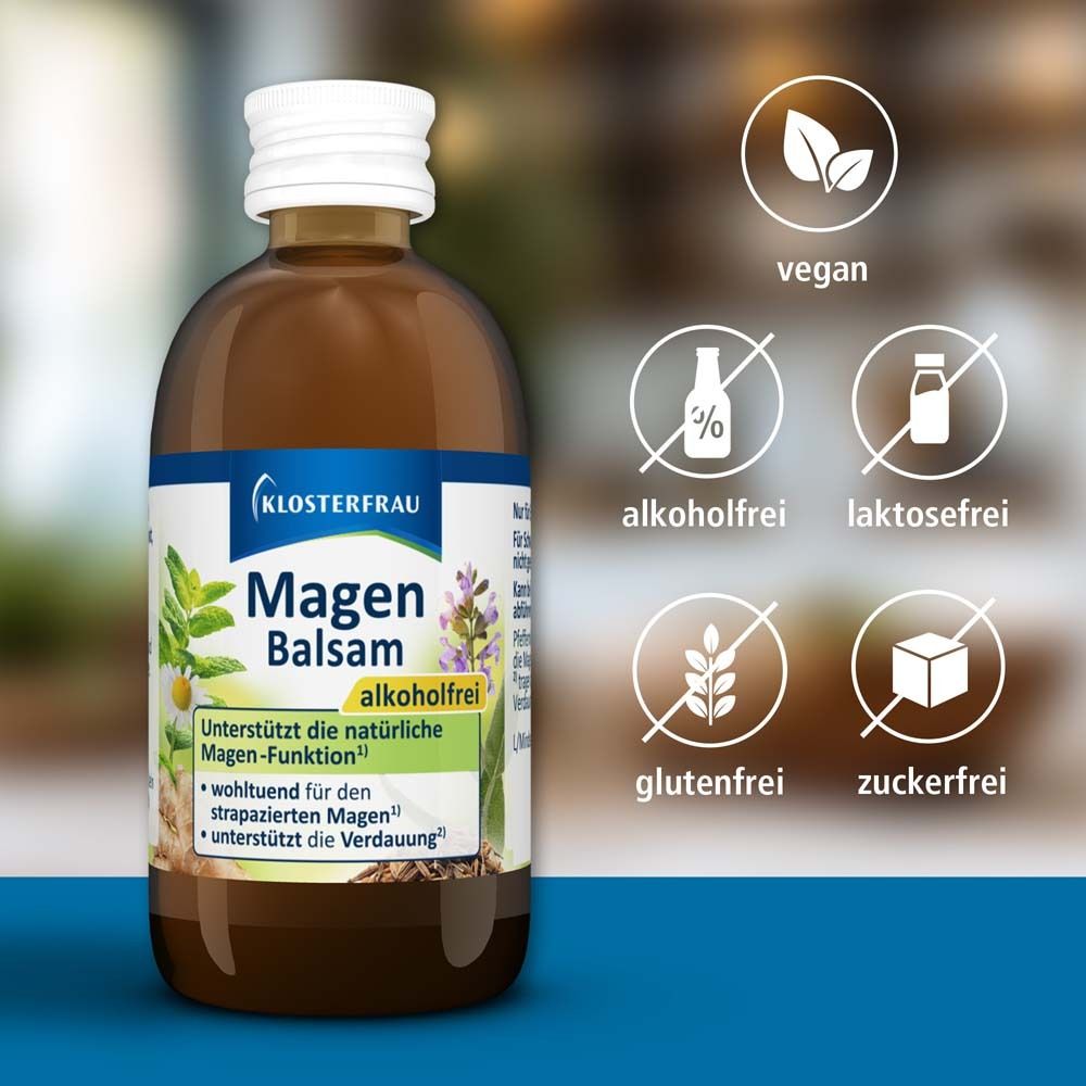 KLOSTERFRAU Magen Balsam Flasche. Vegan, alkoholfrei, laktosefrei, glutenfrei, zuckerfrei. Produktmerkmale.