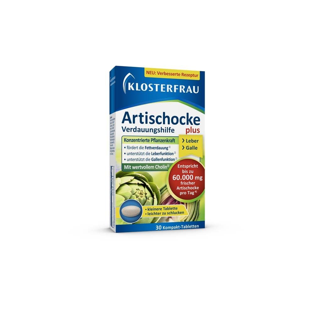 Klosterfrau Artischocke plus. Verpackung mit 30 Tabletten. Aufdrucke: Artischocke, Verdauungshilfe, Leber, Galle.