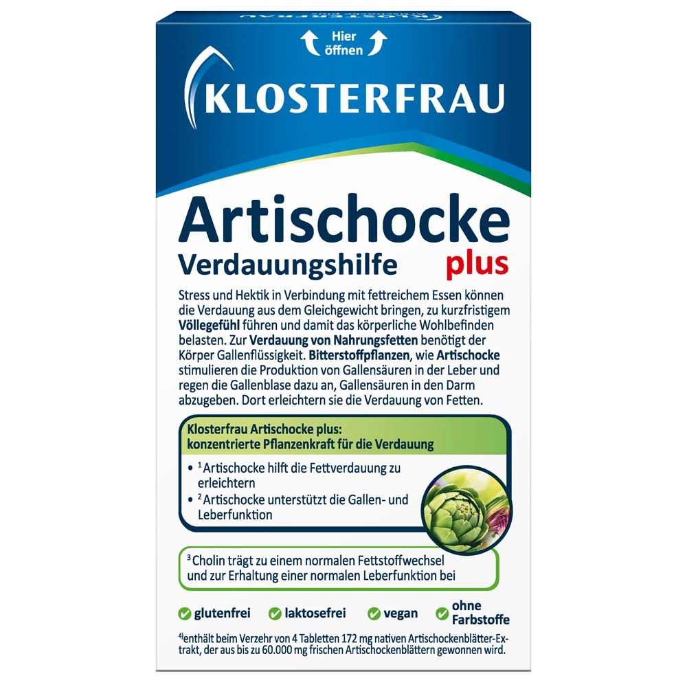 Rückseite der Verpackung von Klosterfrau Artischocke plus. Text: Verdauungshilfe, Inhaltsstoffe, glutenfrei, laktosefrei, vegan.