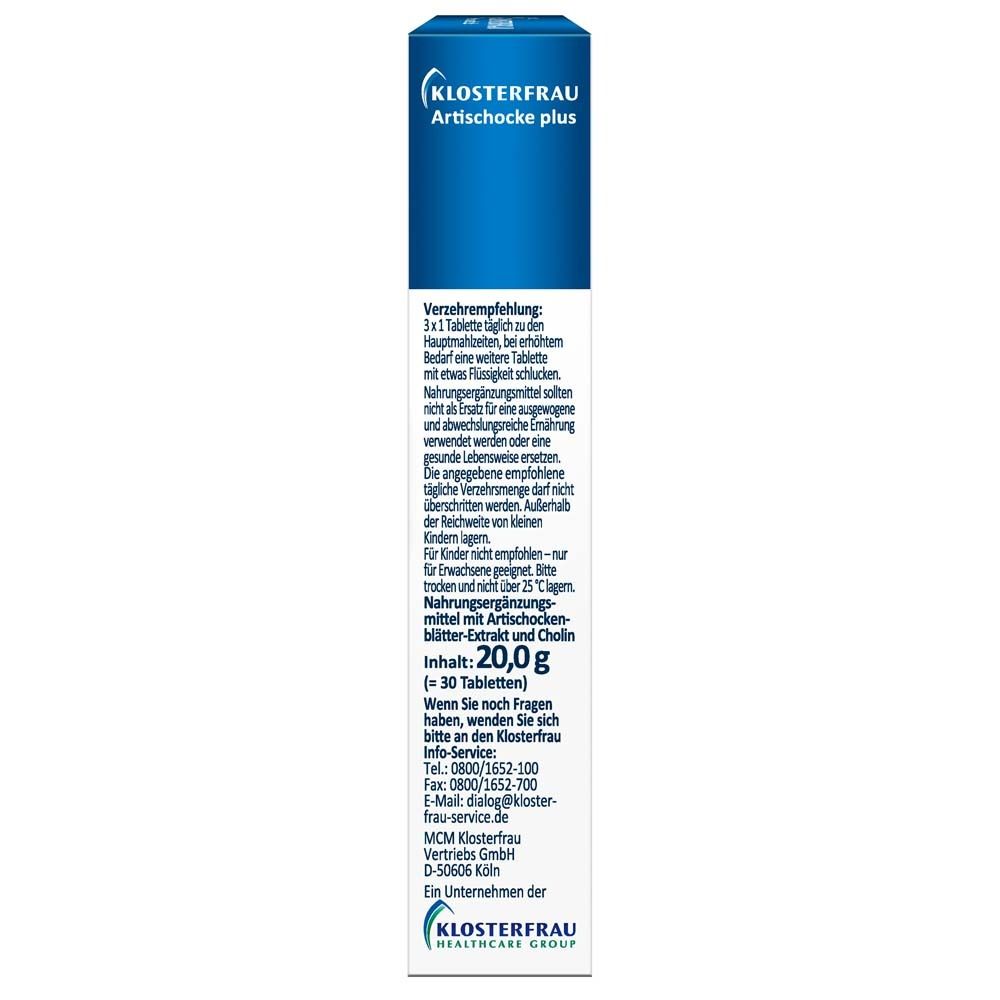 Seitenansicht der Verpackung von Klosterfrau Artischocke plus. Dosierungsempfehlung und Kontaktinformationen.