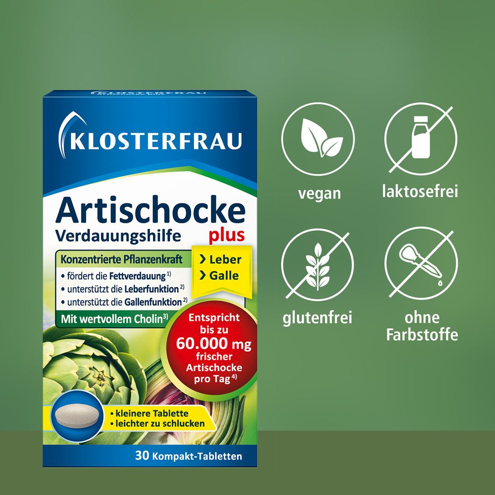 Klosterfrau Artischocke plus Packung. Vegan, laktosefrei, glutenfrei, ohne Farbstoffe. 30 Tabletten.