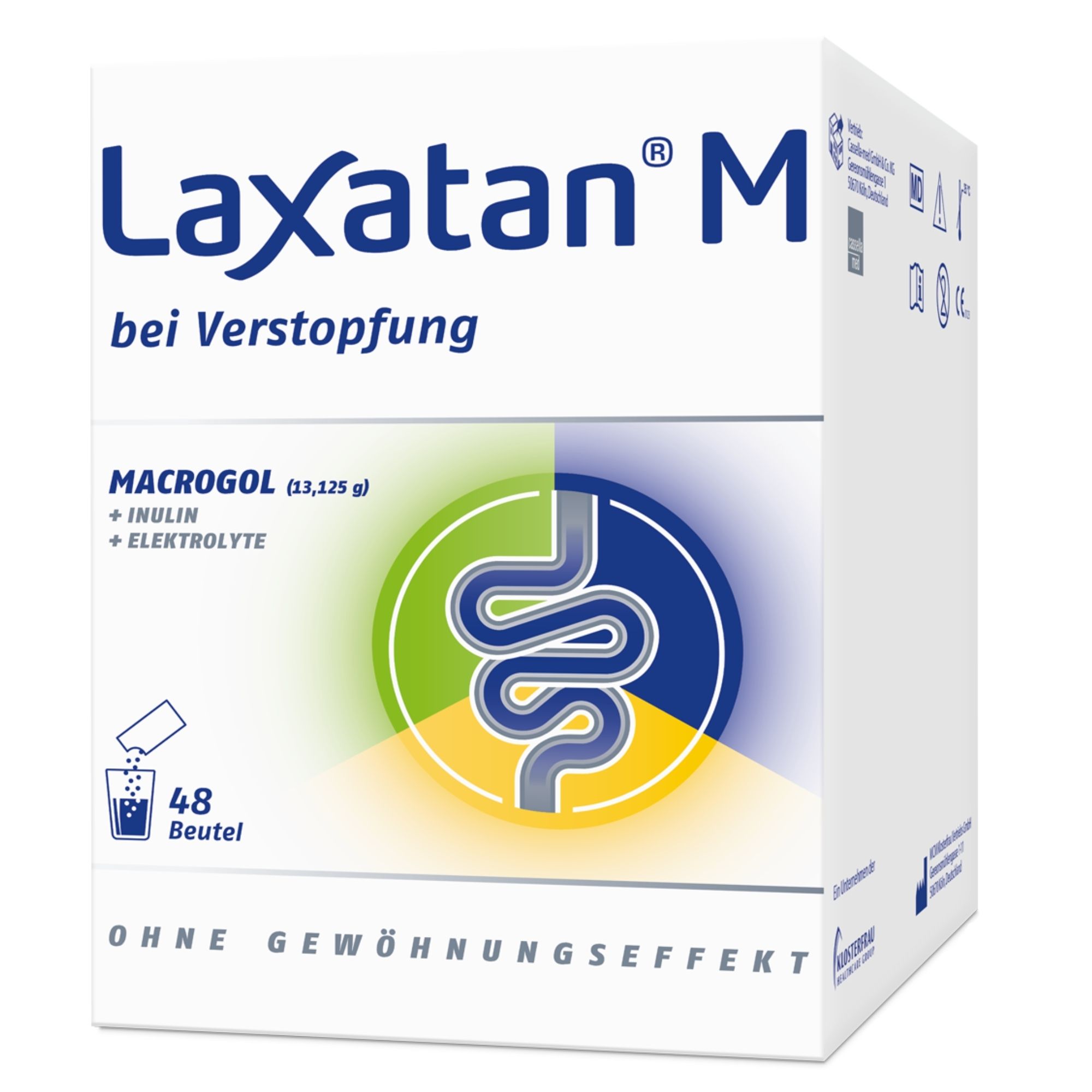 Weißer Karton mit Produktnamen Laxatan® M. Enthält 48 Beutel. Aufdruck: bei Verstopfung, Inhaltsstoffe, Logo.