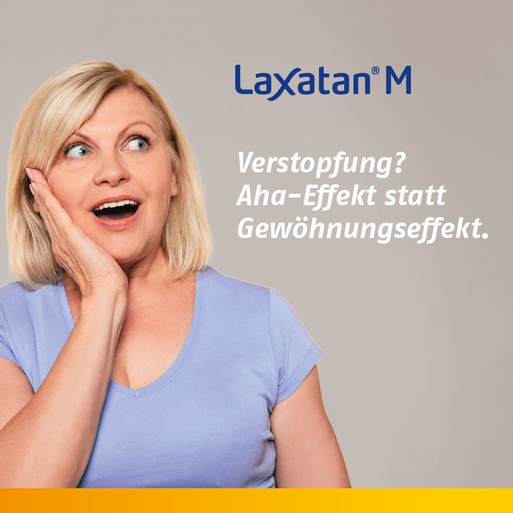 Frau mit offenem Mund und Hand am Kopf. Text: Verstopfung? Aha-Effekt statt Gewöhnungseffekt. Laxatan® M Logo.