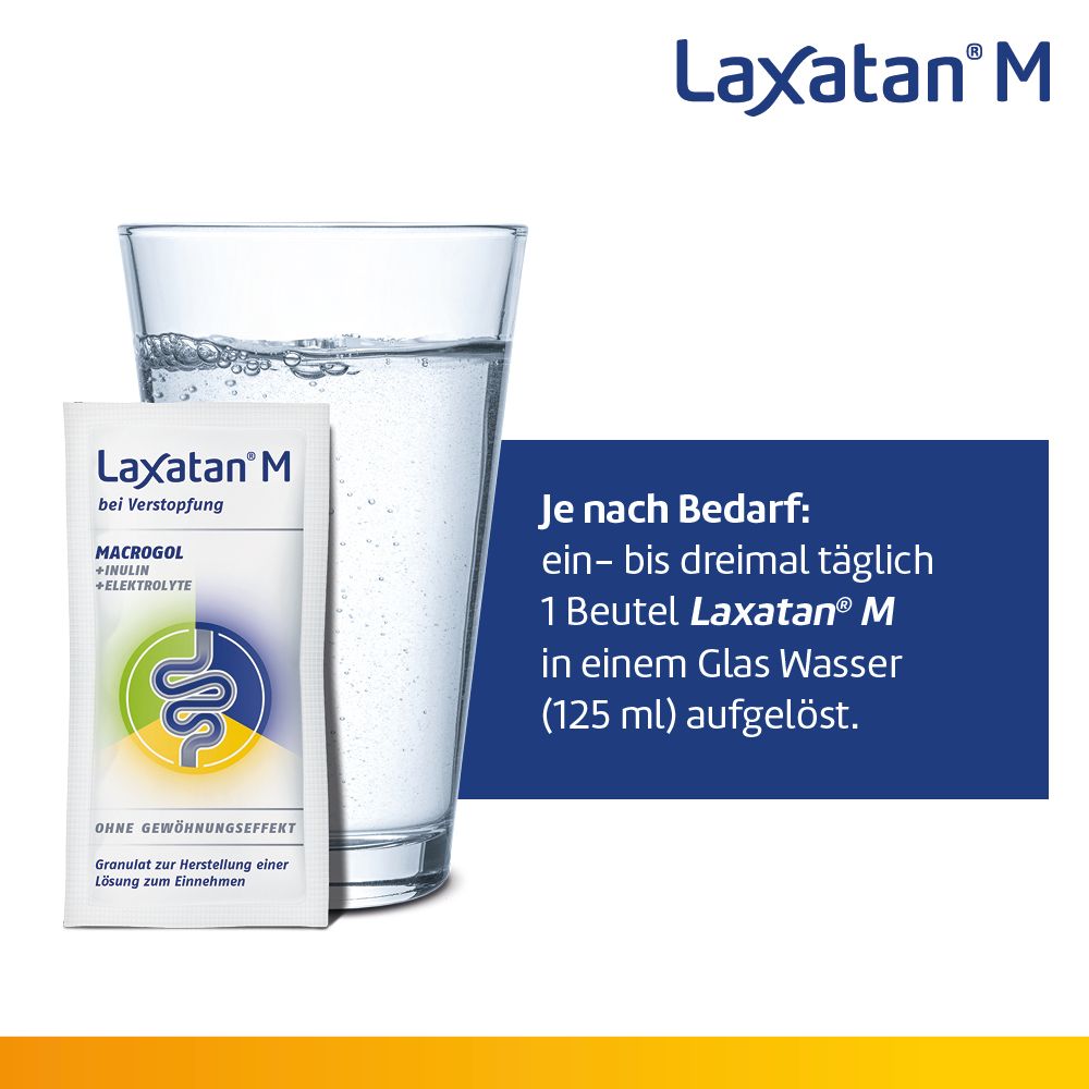 Glas Wasser und Produktbeutel. Text: Je nach Bedarf: 1 Beutel Laxatan® M in 125 ml Wasser auflösen. Logo Laxatan® M.