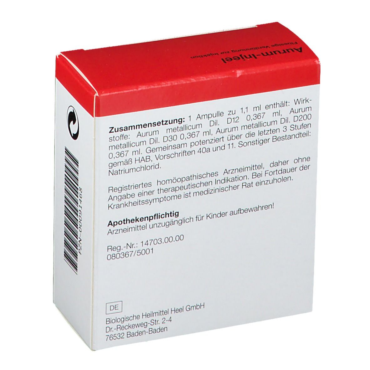 Rückseite des weißen Kartons mit rotem Deckel. Text: Zusammensetzung, Apothekenpflichtig. Marke Heel.
