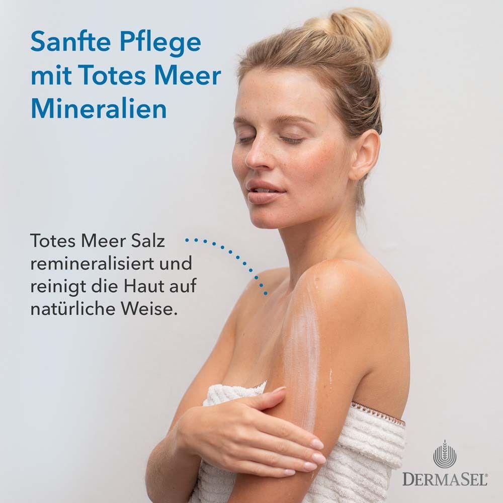 Frau trägt Lotion auf. Text: Sanfte Pflege mit Totes Meer Mineralien. Totes Meer Salz remineralisiert.