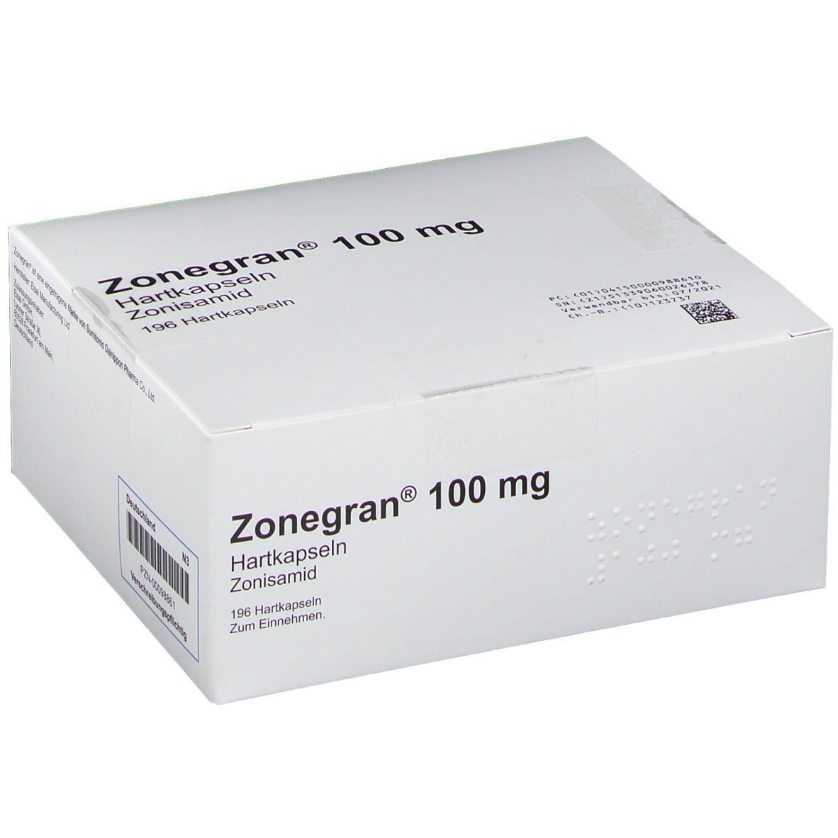 Weiße Kartonverpackung mit Produktnamen und Dosierung. Text: Zonegran 100 mg, Hartkapseln, Zonisamid, 196 Hartkapseln.