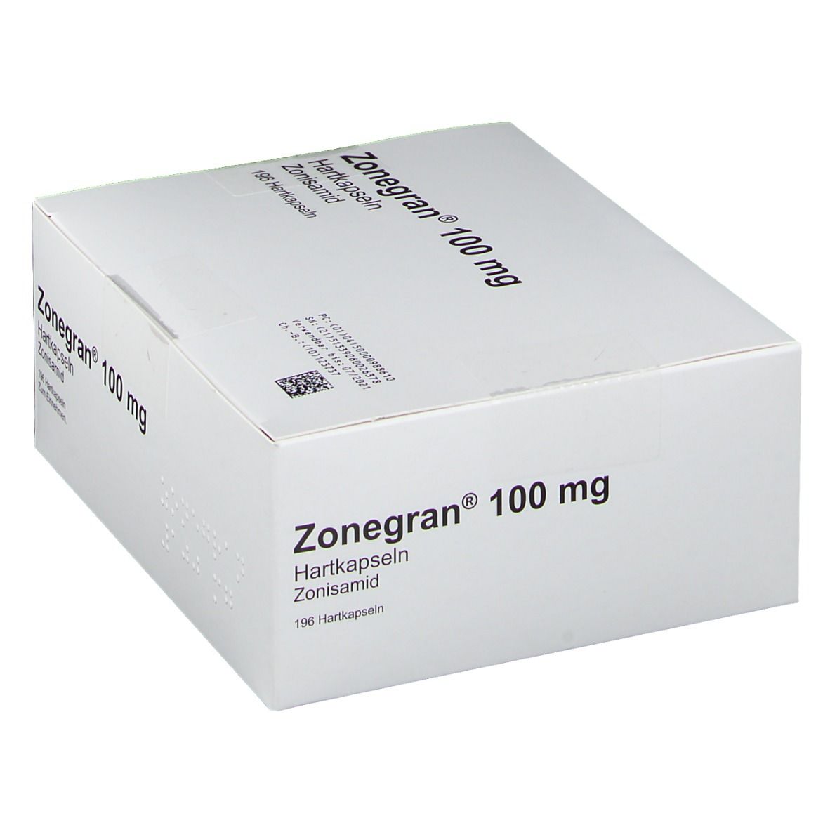 Weiße Kartonverpackung mit Produktnamen und Dosierung. Text: Zonegran 100 mg, Hartkapseln, Zonisamid, 196 Hartkapseln.