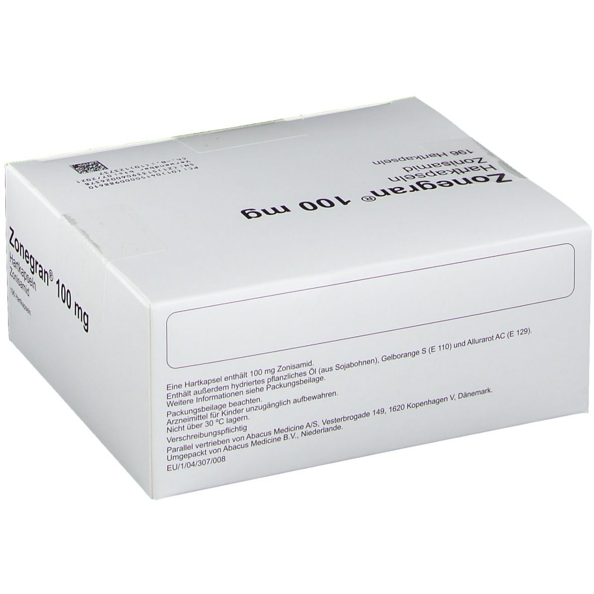 Weiße Kartonverpackung mit Produktnamen und Dosierung. Text: Zonegran 100 mg, Hartkapseln, Zonisamid, 196 Hartkapseln.