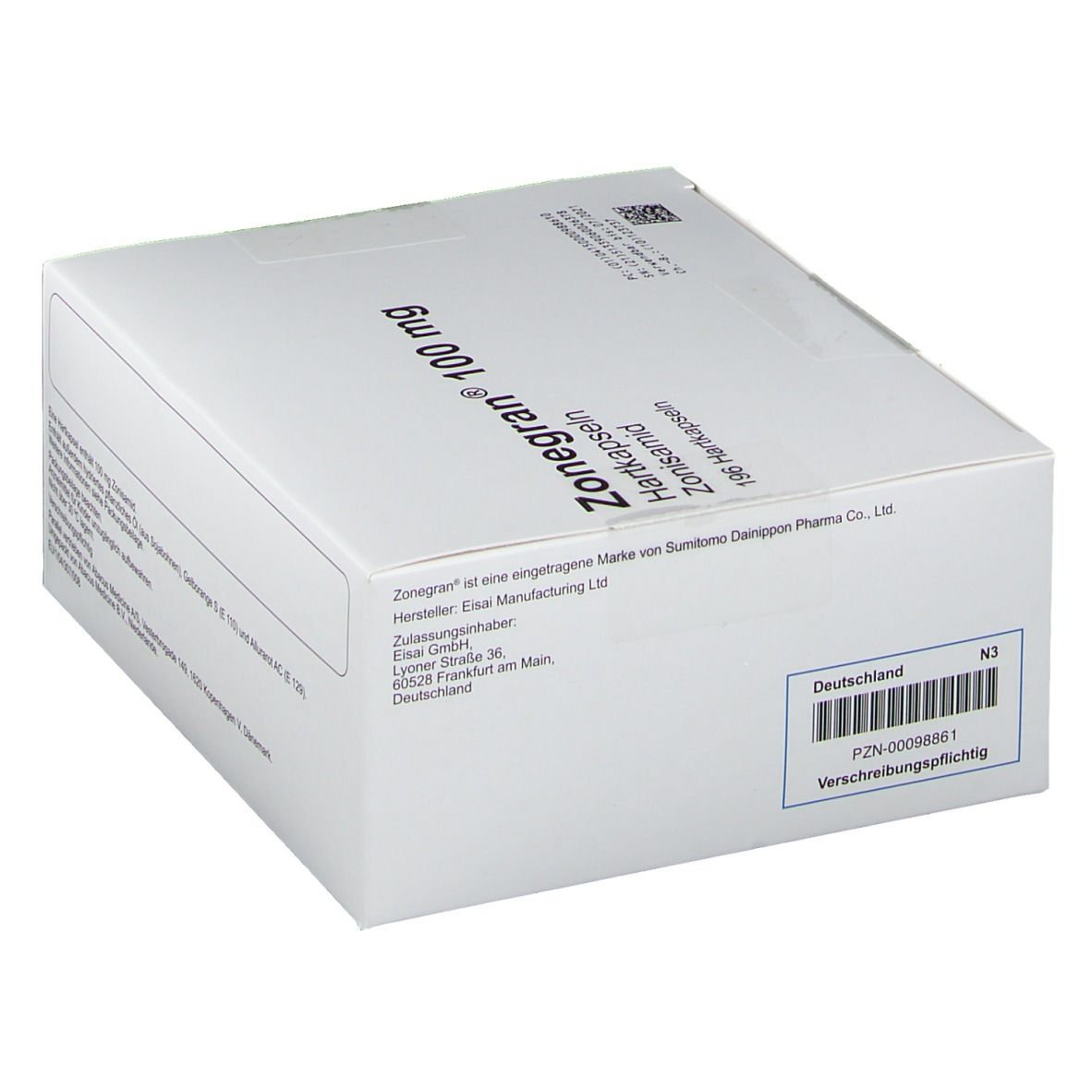 Weiße Kartonverpackung mit Produktnamen und Dosierung. Text: Zonegran 100 mg, Hartkapseln, Zonisamid, 196 Hartkapseln.