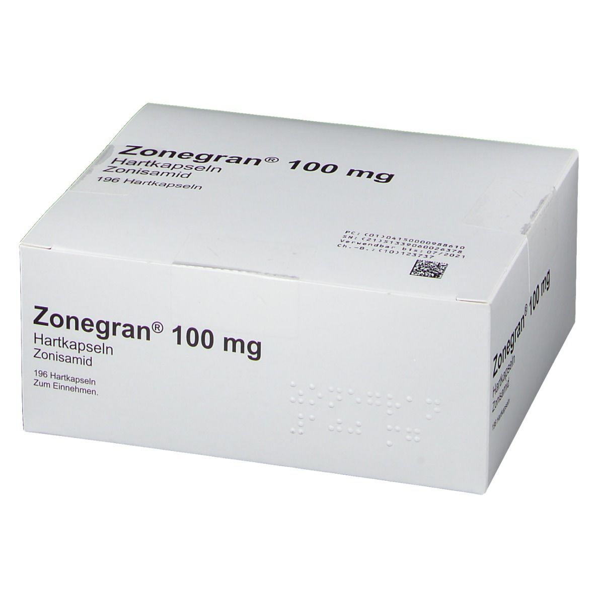 Weiße Kartonverpackung mit Produktnamen und Dosierung. Text: Zonegran 100 mg, Hartkapseln, Zonisamid, 196 Hartkapseln.