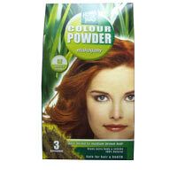 Verpackung mit Hennaplus Colour Powder Mahagony 52. Frau mit roten Haaren. Grün-weiße Schrift.